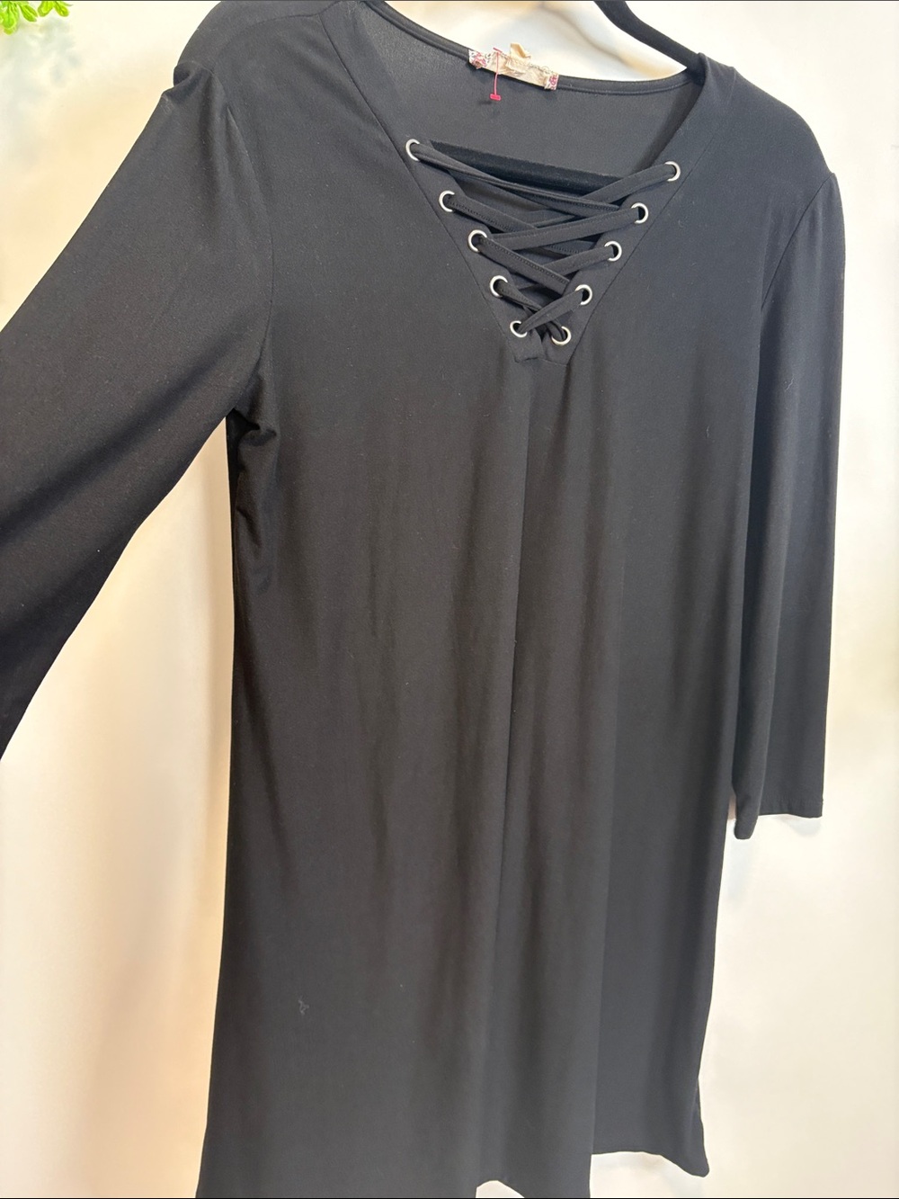 Pink Rose Vintage Black Tunic Top with Lace-Up V Neck